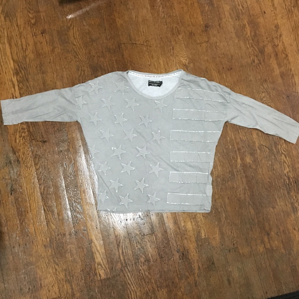 Religion Gray Stars and Strips Top. 100% Cotton.